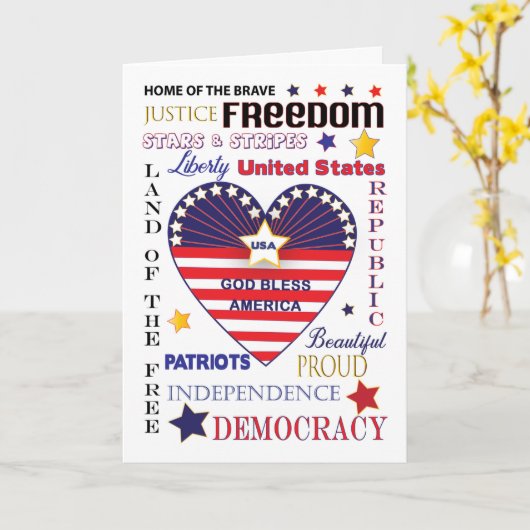 アメリカを神の祝福が降り注ぎます タイポグラフィ ハート フラッグ カード (黄色い花)