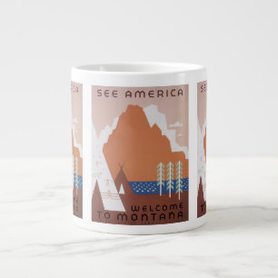 アメリカを見よう モンタナへようこそ、ヴィンテージ旅行 ジャンボコーヒーマグカップ