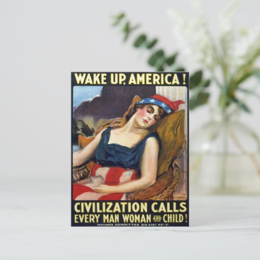 アメリカを起こせ！ヴィンテージ第一次世界大戦ポスター ポストカード (スタンド正面)