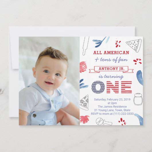 アメリカイタリアンピザの最初の誕生日パーティー写真 招待状 (正面)