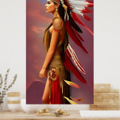 アメリカインディアンの女性の赤い白い羽の金ゴールド ポスター (キッチン)