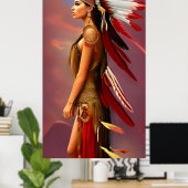 アメリカインディアンの女性の赤い白い羽の金ゴールド ポスター (ホームオフィス)