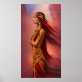 アメリカインディアンの女性の赤い金ゴールドのドレスの羽毛 ポスター (正面)