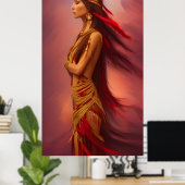 アメリカインディアンの女性の赤い金ゴールドのドレスの羽毛 ポスター (ホームオフィス)