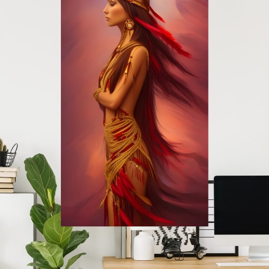 アメリカインディアンの女性の赤い金ゴールドのドレスの羽毛 ポスター (ホームオフィス)