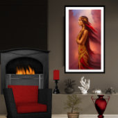 アメリカインディアンの女性の赤い金ゴールドのドレスの羽毛 ポスター