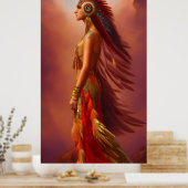 アメリカインディアンの女性の赤い金ゴールドドレスの羽毛2 ポスター (キッチン)