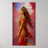 アメリカインディアンの女性は赤い金ゴールドの羽が青 ポスター (正面)