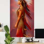 アメリカインディアンの女性は赤い金ゴールドの羽が青 ポスター (ホームオフィス)