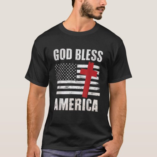 アメリカキリスト教十字愛国米国国旗を祝福 Tシャツ (正面)
