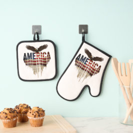 アメリカグランジ国旗とワシ 鍋つかみ&鍋敷きセット
