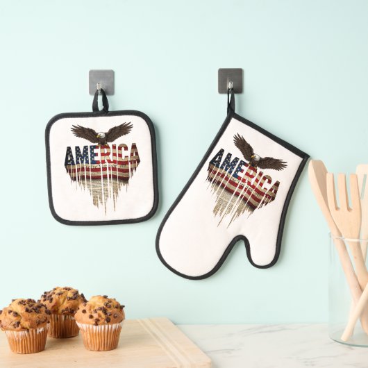 アメリカグランジ国旗とワシ 鍋つかみ&鍋敷きセット (インサイチュ (吊り下げ))