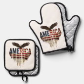 アメリカグランジ国旗とワシ 鍋つかみ&鍋敷きセット (正面/裏面)