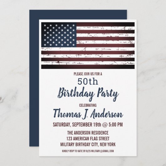 アメリカグランジ国旗の愛国的な50歳の誕生日パーティー 招待状 (正面/裏面)
