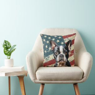 アメリカグランジ国旗ボストンテリア犬 クッション