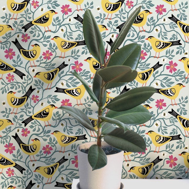 アメリカコシジロゴシキドリとワイルド・プレーリーローズの花 壁紙 (Eastern Goldfinch Wild Prairie Rose bird and flower with bees arts and crafts block print wallpaper)