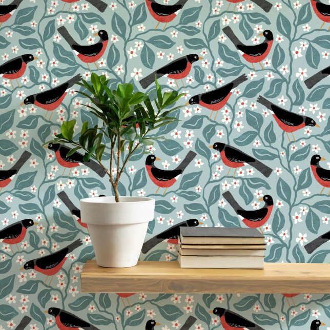 アメリカコマツグミ アップルブロッサム 鳥 花 緑 壁紙 (American robin redbreast apple blossom bird flower arts and crafts block print style wallpaper)
