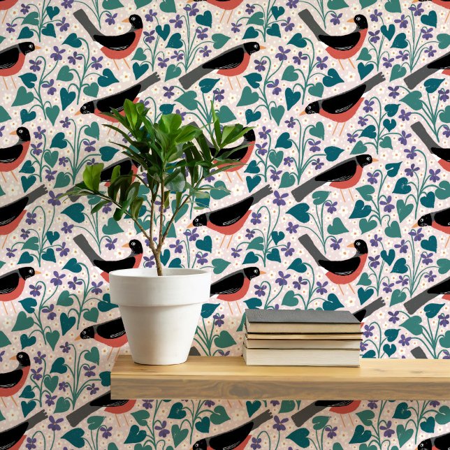 アメリカコマツグミ スミレ アネモネ 鳥 花 壁紙 (American robin redbreast wood violet anemone wildflower arts and crafts style wallpaper)