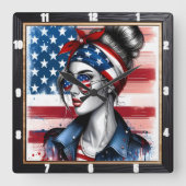 アメリカスタイリッシュ国旗の愛国心のある女性 スクエア壁時計 (正面)