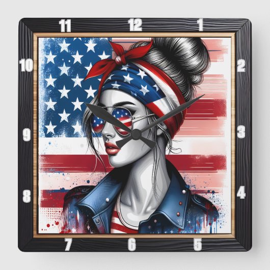 アメリカスタイリッシュ国旗の愛国心のある女性 スクエア壁時計 (正面)