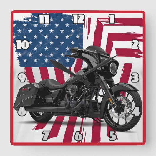 アメリカスタムカ国旗を背景にしたオートバイアート スクエア壁時計 (正面)