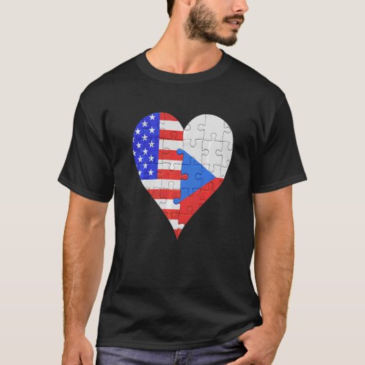 アメリカチェコ国旗のハート Tシャツ (正面)