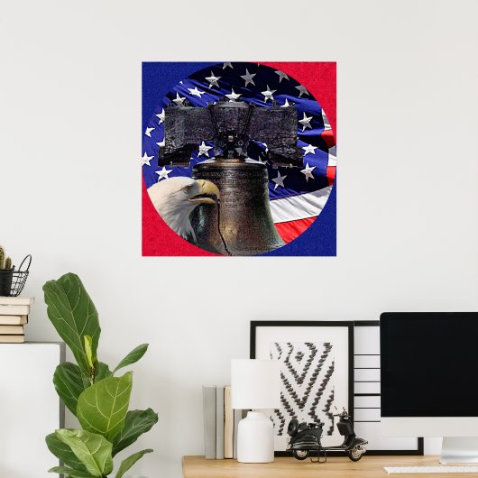 アメリカハクトウワシ、自由の鐘と旗 24x24 ポスター (ホームオフィス)