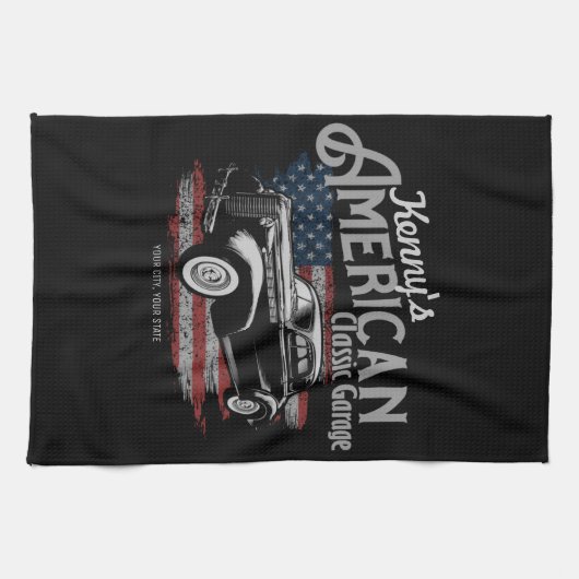 アメリカパーソナライズされたヴィンテージクラシックカーガレージ キッチンタオル (横)