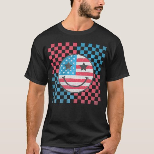 アメリカビーズハッピー顔スマイルアメリカ国旗4O Tシャツ (正面)