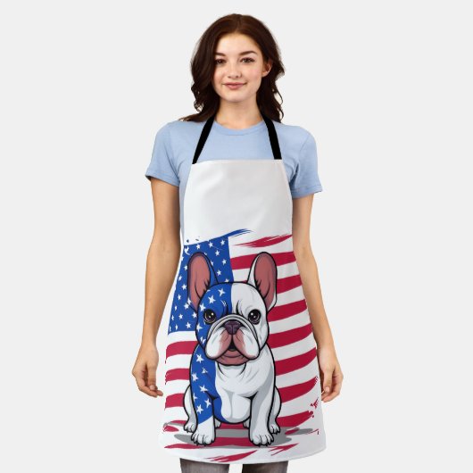アメリカフランスの国旗を掲げた漫画のブルドッグ エプロン (着用した状態)