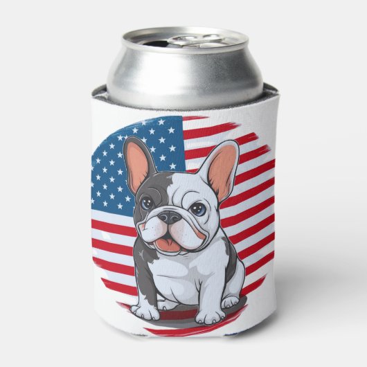 アメリカフランスの国旗(1)を持った漫画のブルドッグ 缶クーラー (缶正面)