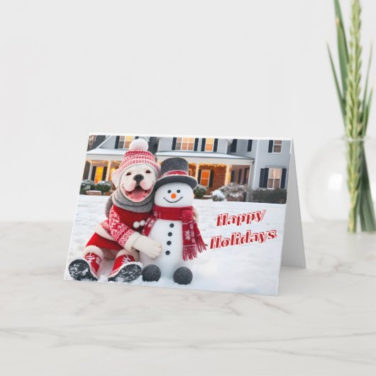 アメリカブルドッグが雪だるまカードでポーズをとる シーズンカード (正面)