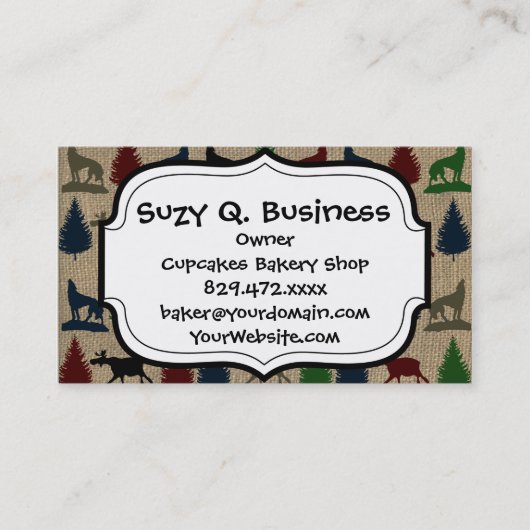 アメリカヘラジカのオオカミの松の木の素朴なバーラップのプリント 名刺 (正面)