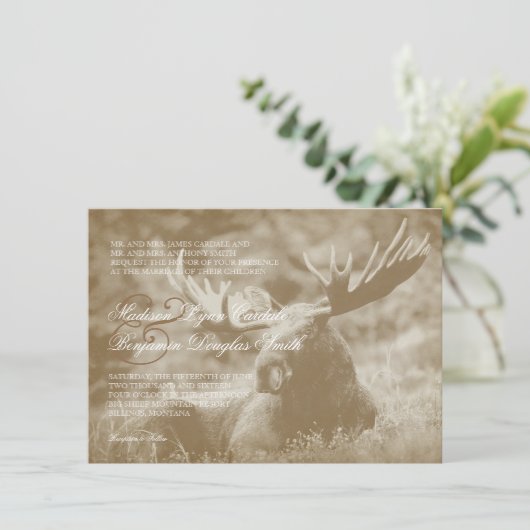 アメリカヘラジカのビッグ・ゲームの野性生物の(雄ジカの)枝角の結婚式招待状 招待状 (スタンド正面)