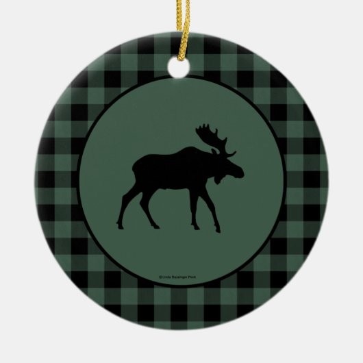 アメリカヘラジカの緑の黒い格子縞のボーダー セラミックオーナメント (正面)