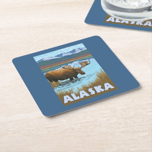 アメリカヘラジカの飲料水のヴィンテージ旅行ポスター スクエアペーパーコースター (アングル)