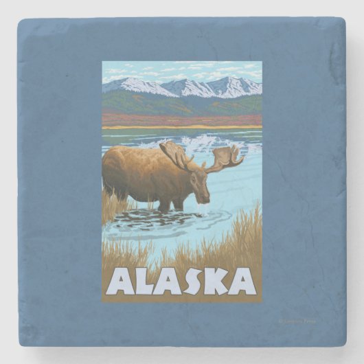 アメリカヘラジカの飲料水のヴィンテージ旅行ポスター ストーンコースター (正面)