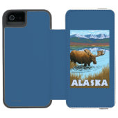 アメリカヘラジカの飲料水のヴィンテージ旅行ポスター INCIPIO iPhoneウォレットケース (フォリオオープン)