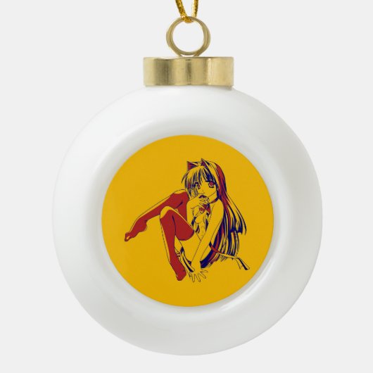 アメリカマンガ猫少女かわいいアニメ セラミックボールオーナメント (正面)