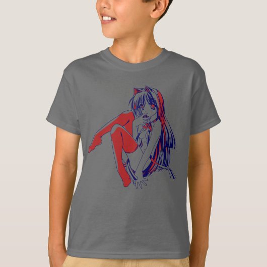 アメリカマンガ猫少女かわいいアニメ Tシャツ (正面)