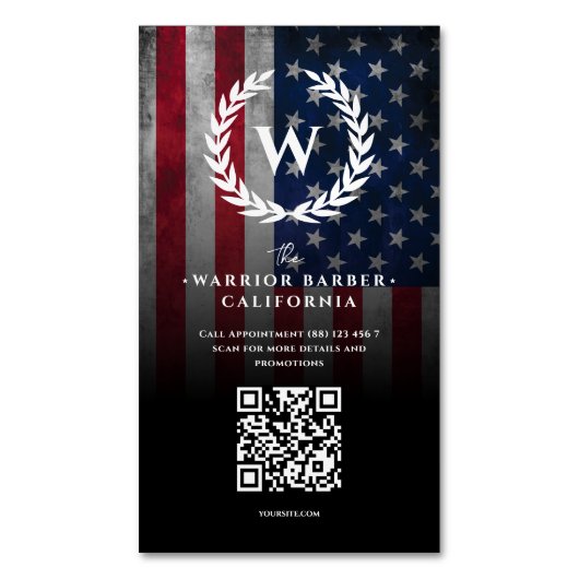 アメリカモダン国旗USバーバーバーショップモノグラム理容師 マグネット名刺 (正面縦)