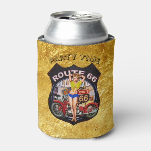 アメリカルート66オートバイと金ゴールドテクスチャ 缶クーラー (缶正面)