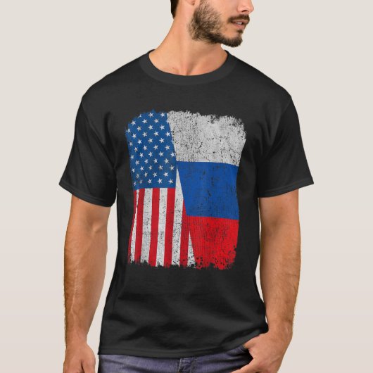 アメリカロシアの国旗ハーフ米国ロシアのルート誇りを持った Tシャツ (正面)