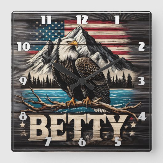 アメリカワシが山と湖の近くに止まった スクエア壁時計 (正面)