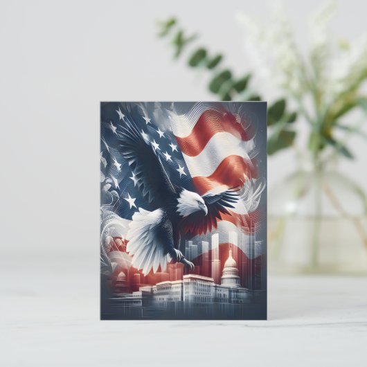 アメリカワシが街並みを飛び回る ポストカード (スタンド正面)