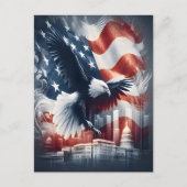 アメリカワシが街並みを飛び回る ポストカード (正面)