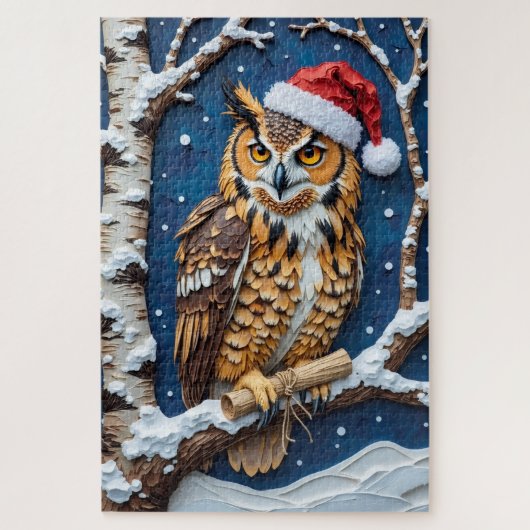 アメリカワシミミズクのクリスマスの巻物を持つ帽子 ジグソーパズル (縦)