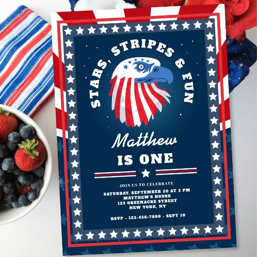 アメリカンなスターとストライプの楽しいお誕生日パーティー 招待状