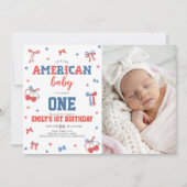 アメリカンな赤ちゃんの1歳の誕生日フォト招待状 招待状 (正面)