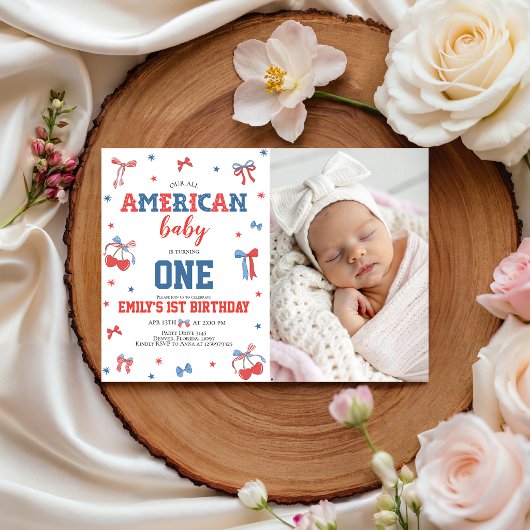 アメリカンな赤ちゃんの1歳の誕生日フォト招待状 招待状